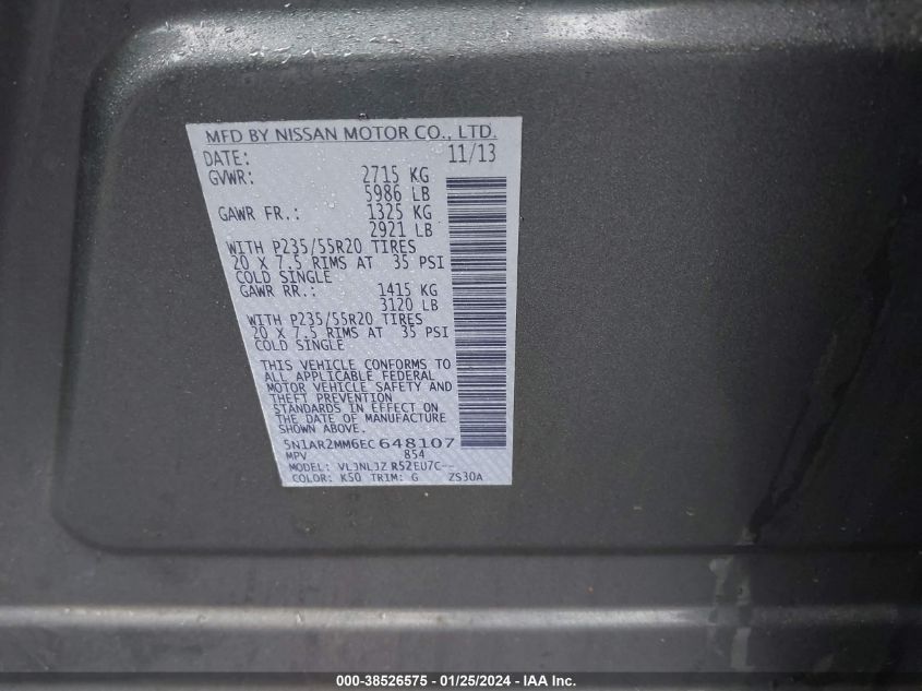 2014 NISSAN PATHFINDER PLATINUM - 5N1AR2MM6EC648107