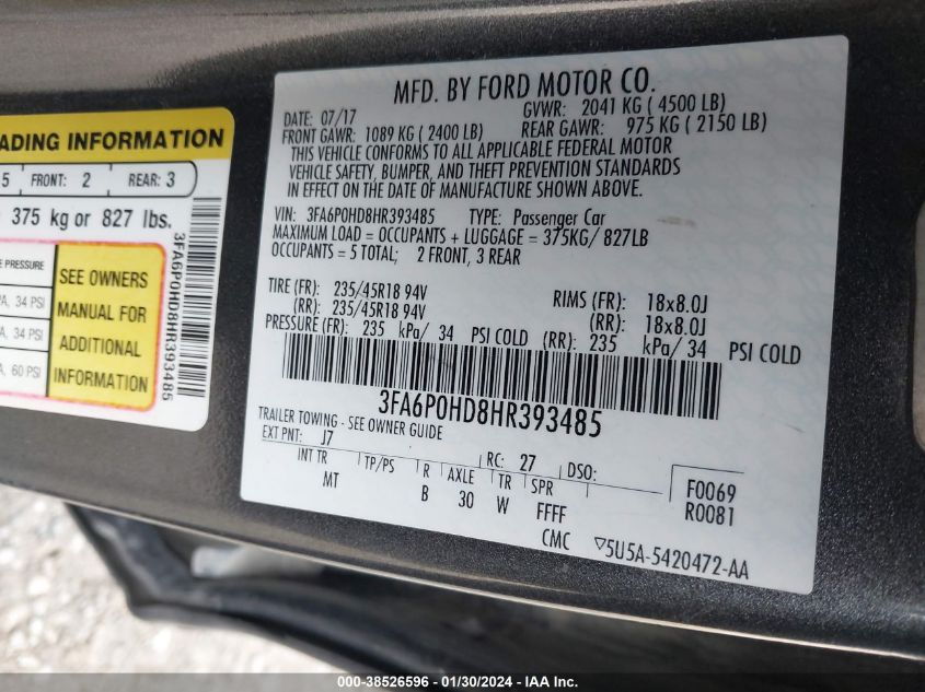 2017 FORD FUSION SE - 3FA6P0HD8HR393485