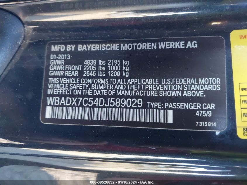 2013 BMW 335I WBADX7C54DJ589029