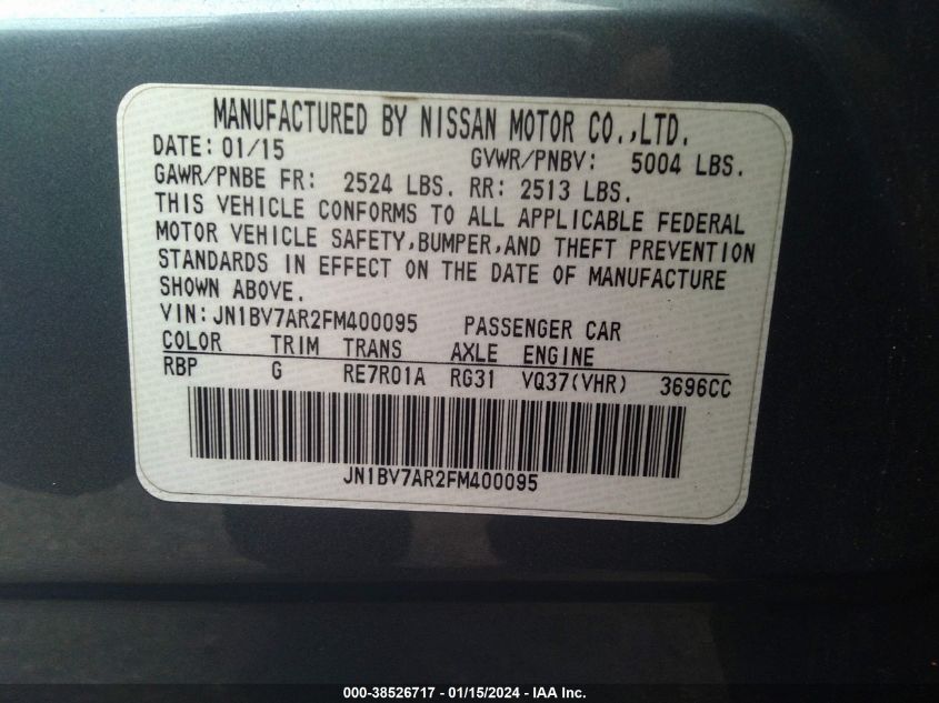 2015 INFINITI Q50 PREMIUM/SPORT - JN1BV7AR2FM400095