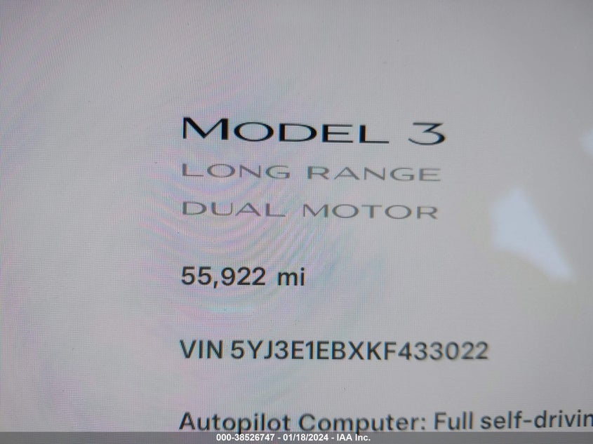 VIN 5YJ3E1EBXKF433022 2019 TESLA MODEL 3 LONG RANGE/PERFORMANCE