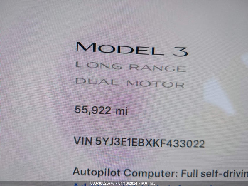 VIN 5YJ3E1EBXKF433022 2019 TESLA MODEL 3 LONG RANGE/PERFORMANCE