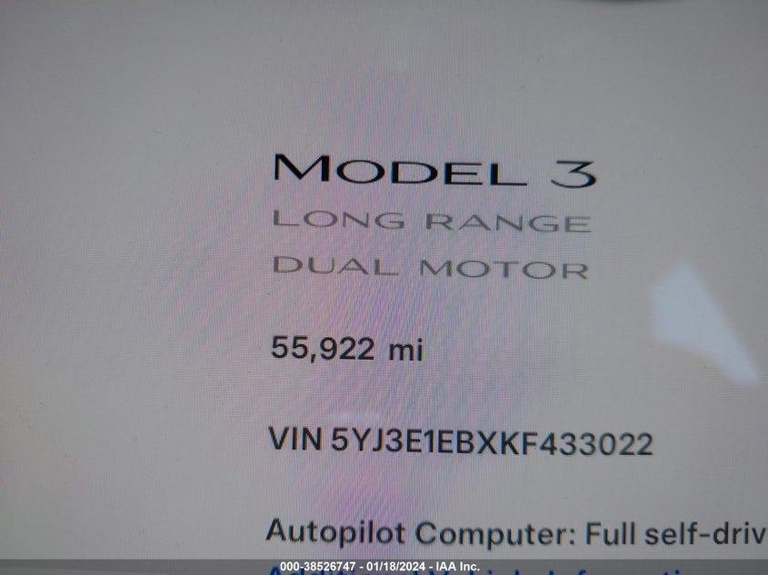 VIN 5YJ3E1EBXKF433022 2019 TESLA MODEL 3 LONG RANGE/PERFORMANCE