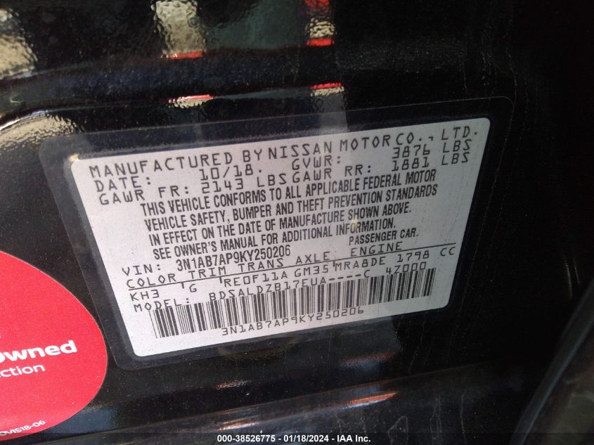 2019 NISSAN SENTRA SV - 3N1AB7AP9KY250206