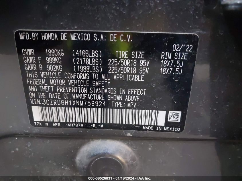 2022 HONDA HR-V SPORT - 3CZRU6H1XNM758924