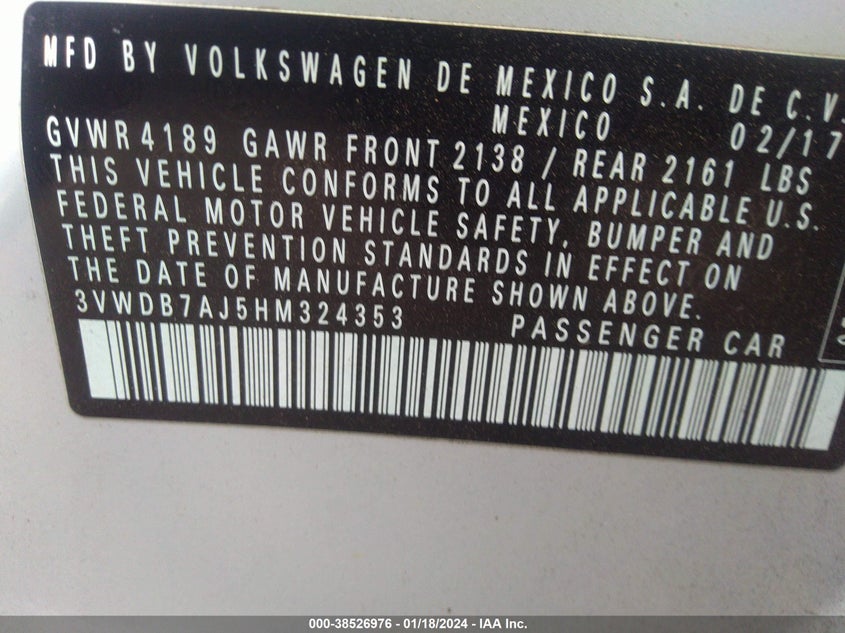 VIN 3VWDB7AJ5HM324353 2017 VOLKSWAGEN JETTA 1.4T SE