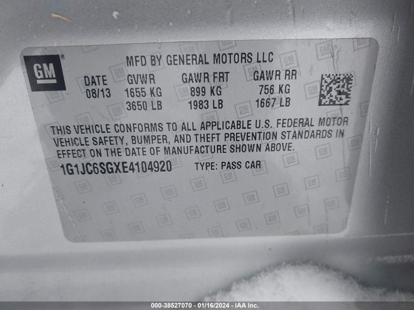 2014 CHEVROLET SONIC LT - 1G1JC6SGXE4104920