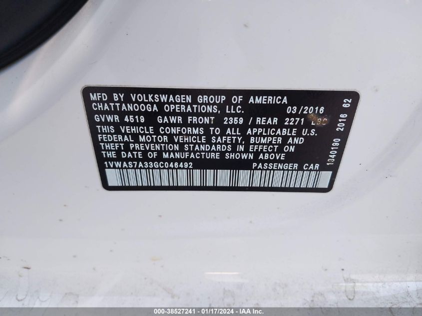 2016 VOLKSWAGEN PASSAT S/R-LINE - 1VWAS7A33GC046492