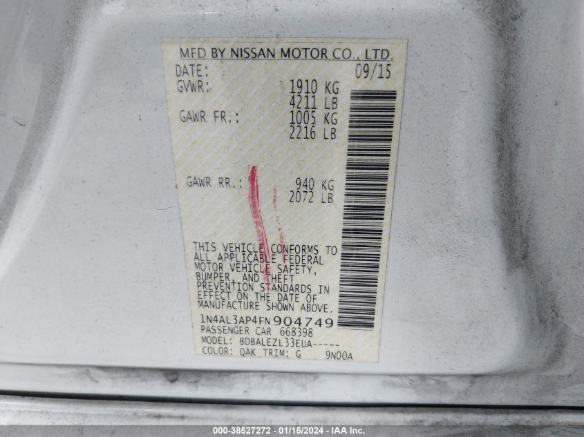 2015 NISSAN ALTIMA 2.5/2.5 S/2.5 SL/2.5 SV - 1N4AL3AP4FN904749