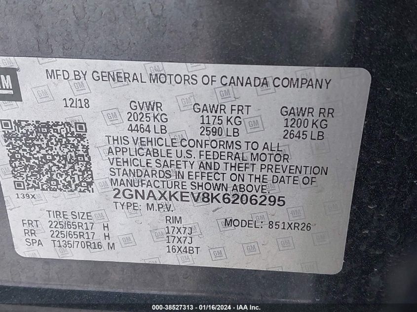 2019 CHEVROLET EQUINOX LT - 2GNAXKEV8K6206295