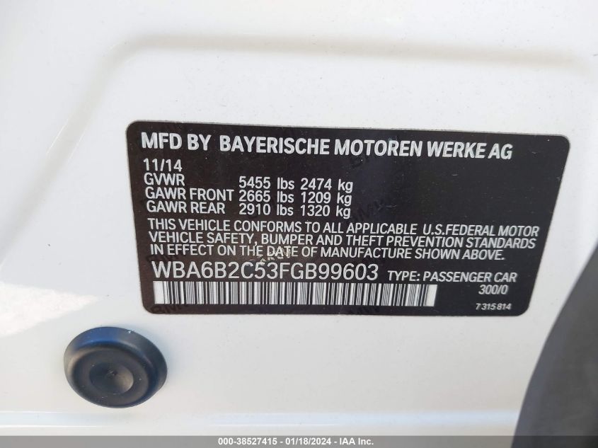 2015 BMW 650I GRAN COUPE WBA6B2C53FGB99603