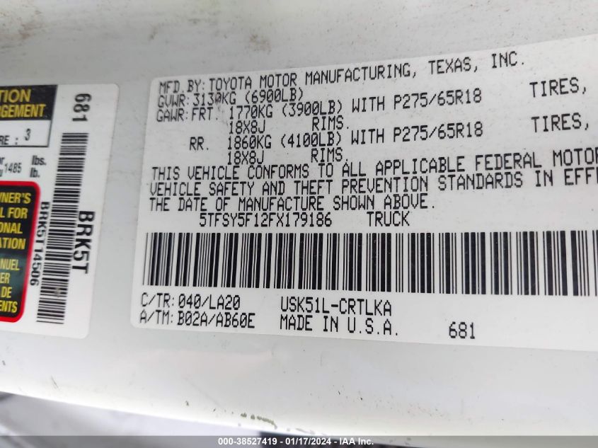 2015 TOYOTA TUNDRA LIMITED 5.7L V8 - 5TFSY5F12FX179186