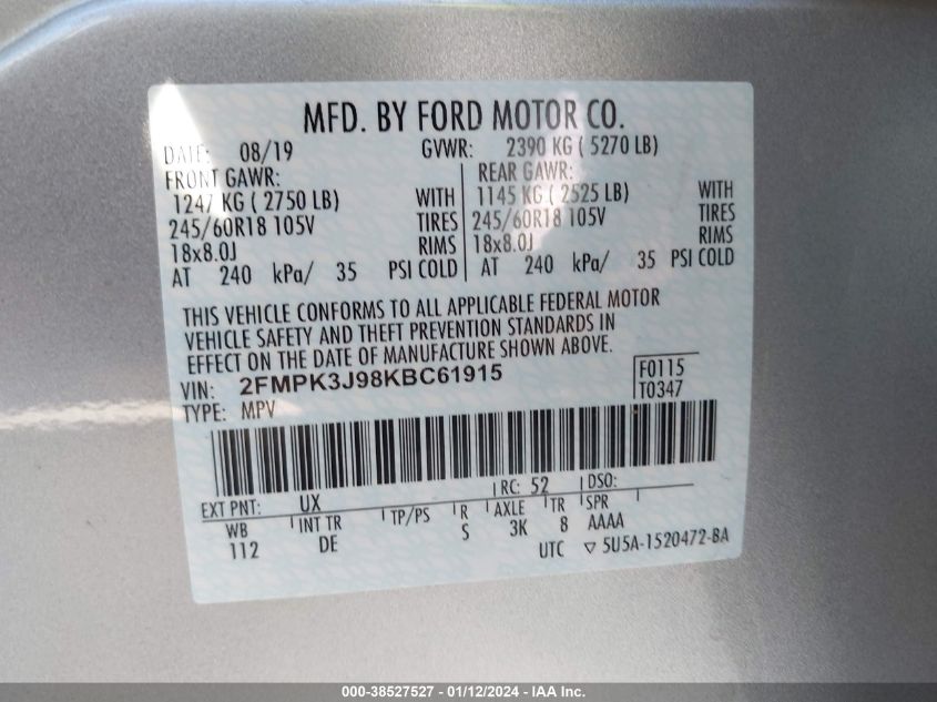 2FMPK3J98KBC61915 2019 FORD EDGE, photo no. 9