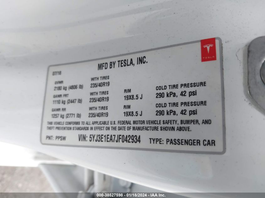 2018 TESLA MODEL 3 LONG RANGE/MID RANGE - 5YJ3E1EA7JF042934