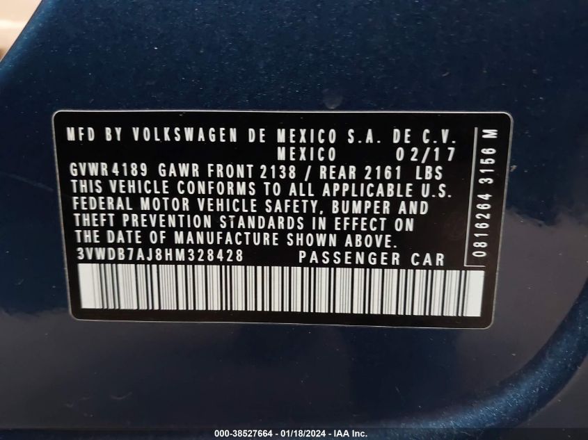 2017 VOLKSWAGEN JETTA 1.4T SE - 3VWDB7AJ8HM328428