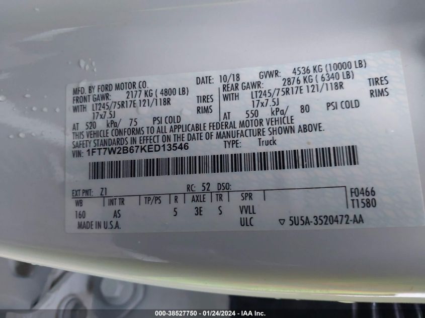 2019 FORD F-250 XL - 1FT7W2B67KED13546