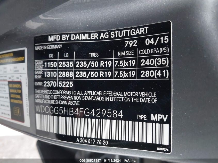 2015 MERCEDES-BENZ GLK 350 WDCGG5HB4FG429584