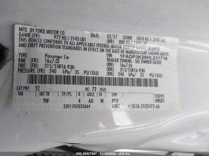 2017 FORD FOCUS SE - 1FADP3K29HL231718