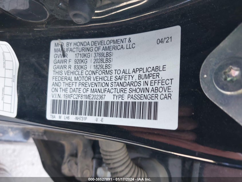 VIN 19XFC2F81ME202367 2021 HONDA CIVIC SPORT