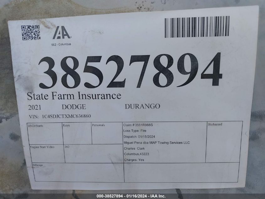 2021 DODGE DURANGO R/T - 1C4SDJCTXMC636860