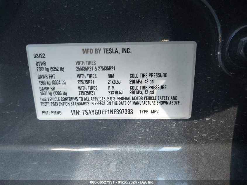 2022 TESLA MODEL Y - 7SAYGDEF1NF397393