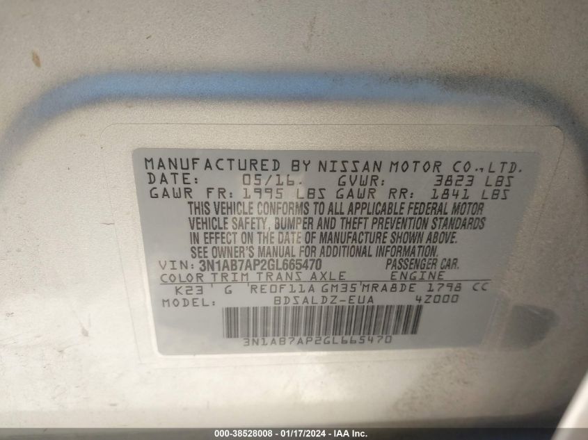 2016 NISSAN SENTRA S/SV/SR/SL - 3N1AB7AP2GL665470