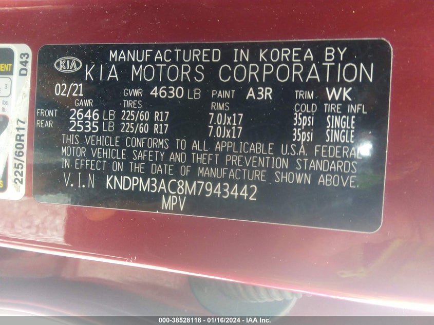 VIN KNDPM3AC8M7943442 2021 KIA SPORTAGE LX