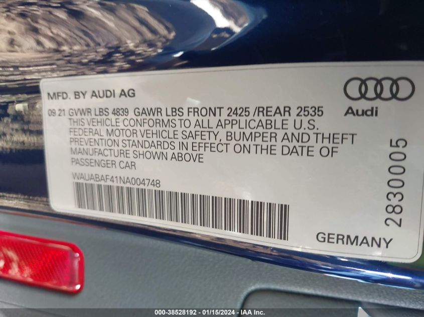 2022 AUDI A4 PREMIUM 40 - WAUABAF41NA004748