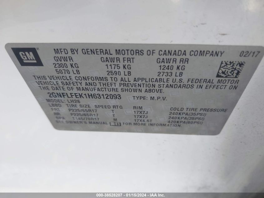 2017 CHEVROLET EQUINOX LT - 2GNFLFEK1H6312093