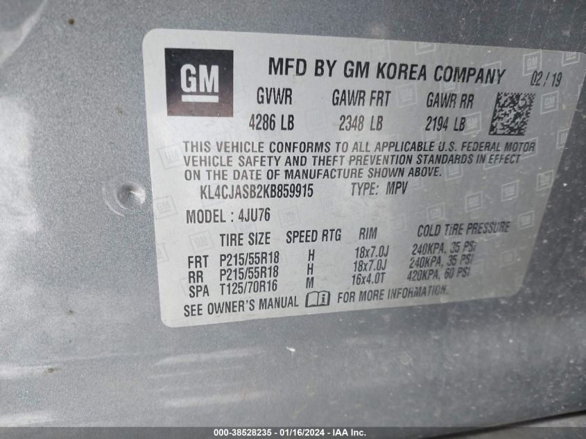 2019 BUICK ENCORE PREFERRED - KL4CJASB2KB859915