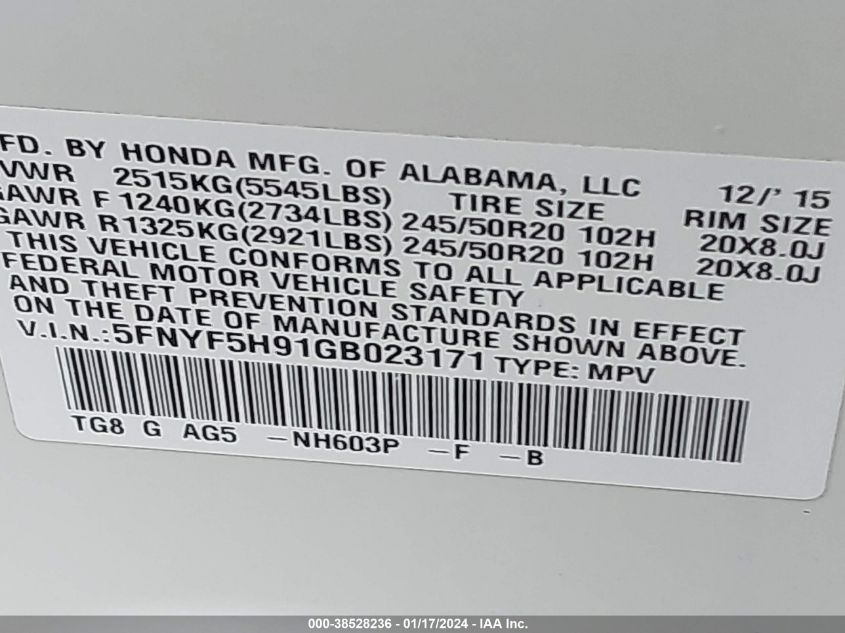 2016 HONDA PILOT TOURING - 5FNYF5H91GB023171