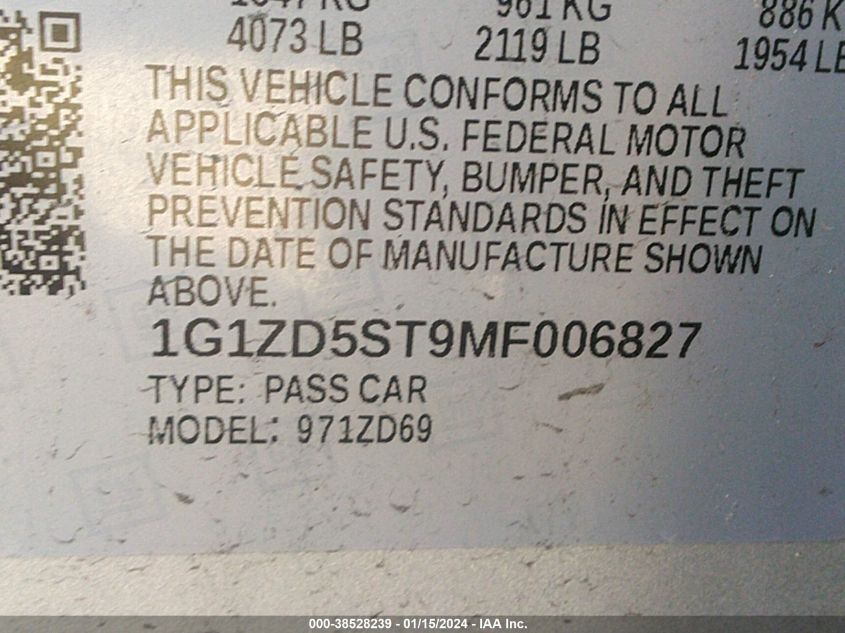 2021 CHEVROLET MALIBU LT - 1G1ZD5ST9MF006827