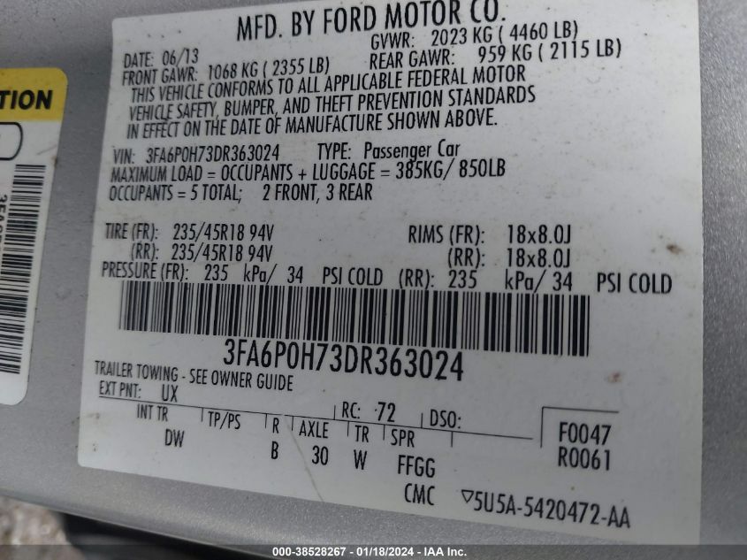 2013 FORD FUSION SE - 3FA6P0H73DR363024