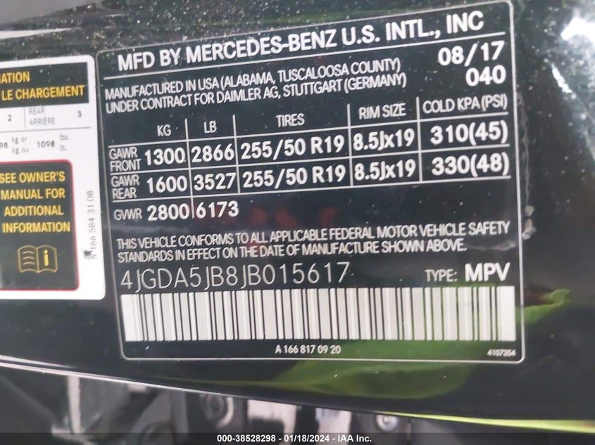 VIN 4JGDA5JB8JB015617 2018 MERCEDES-BENZ GLE 350