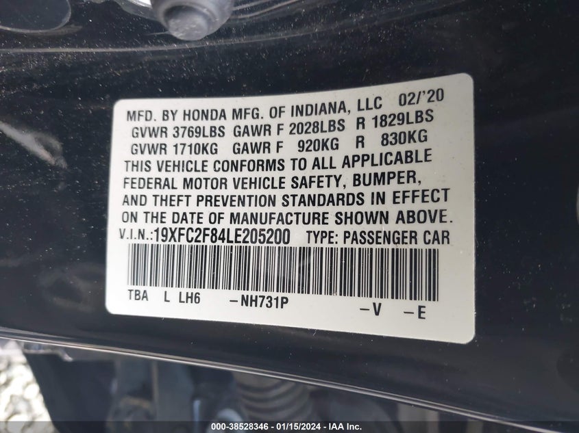 VIN 19XFC2F84LE205200 2020 HONDA CIVIC SPORT