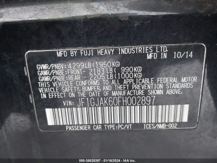 2015 SUBARU IMPREZA 2.0I PREMIUM - JF1GJAK60FH002897