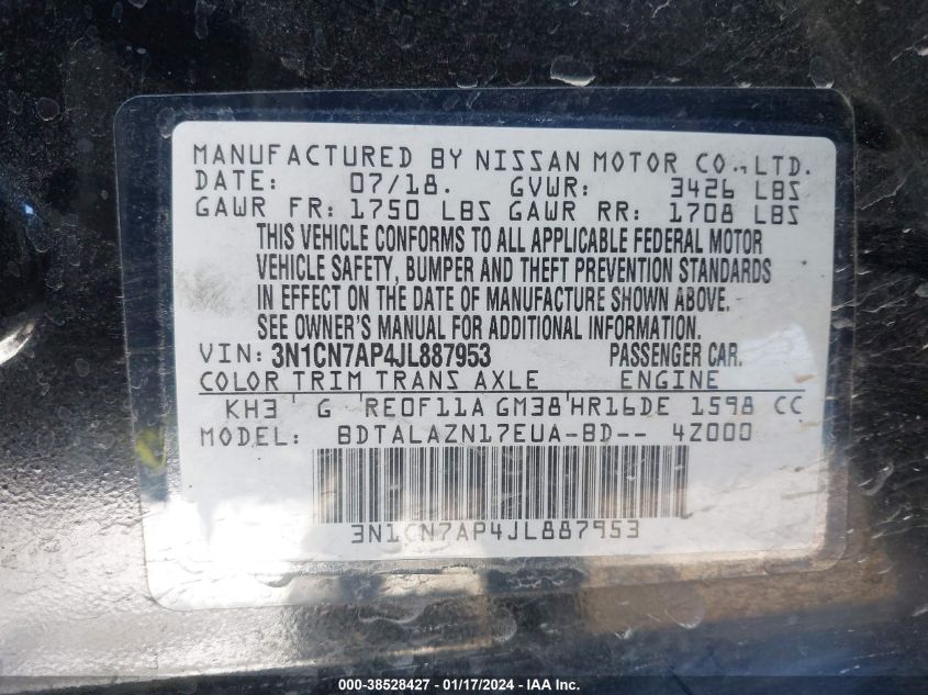 2018 NISSAN VERSA 1.6 S+ - 3N1CN7AP4JL887953
