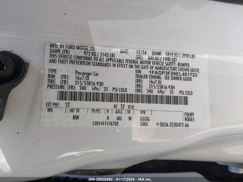 2014 FORD FOCUS SE - 1FADP3F29EL451723