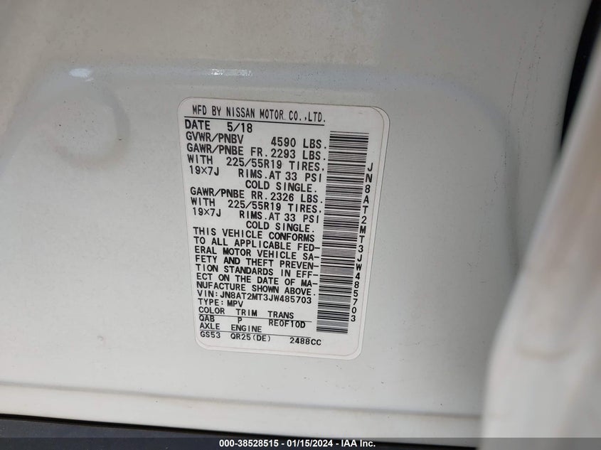 VIN JN8AT2MT3JW485703 2018 NISSAN ROGUE SL
