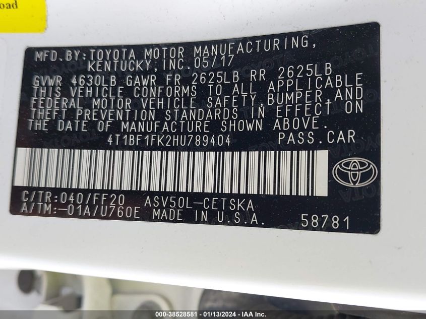 2017 TOYOTA CAMRY SE - 4T1BF1FK2HU789404