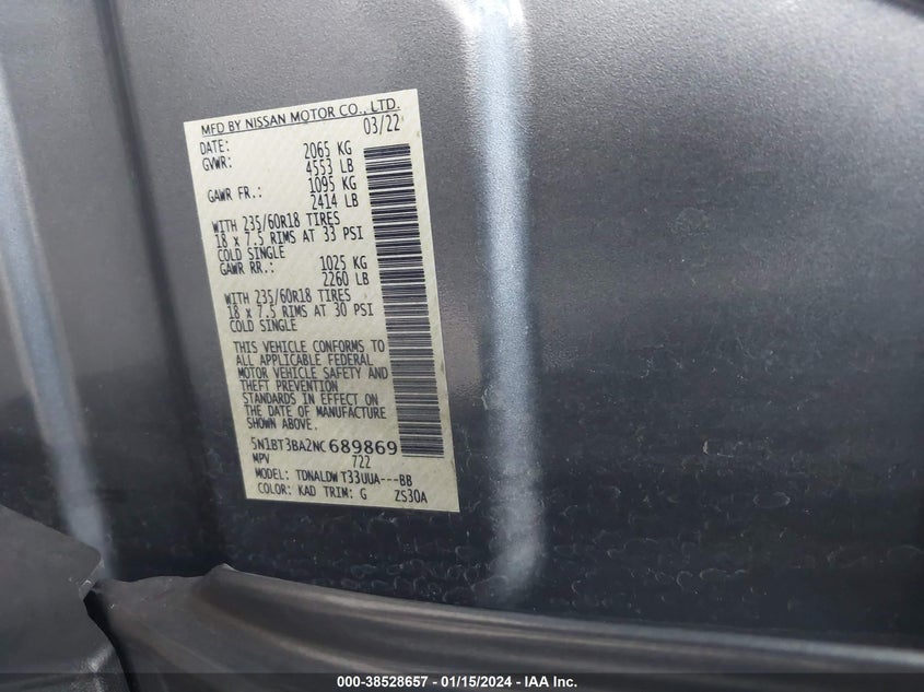 VIN 5N1BT3BA2NC689869 2022 NISSAN ROGUE SV FWD