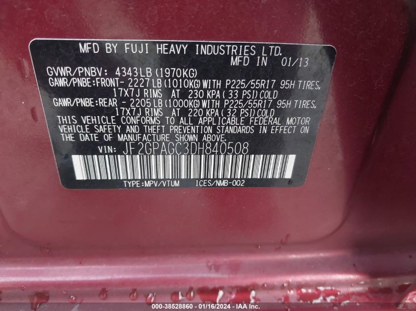 2013 SUBARU XV CROSSTREK 2.0I LIMITED - JF2GPAGC3DH840508