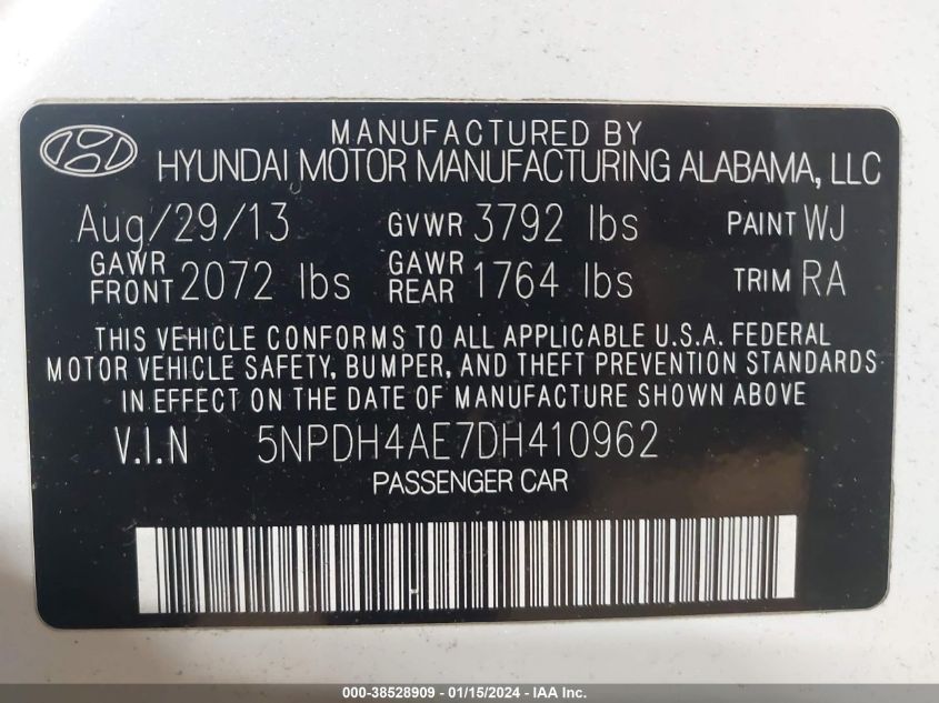 5NPDH4AE7DH410962 | 2013 HYUNDAI ELANTRA