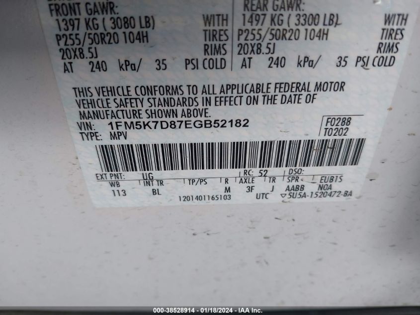 2014 FORD EXPLORER XLT - 1FM5K7D87EGB52182