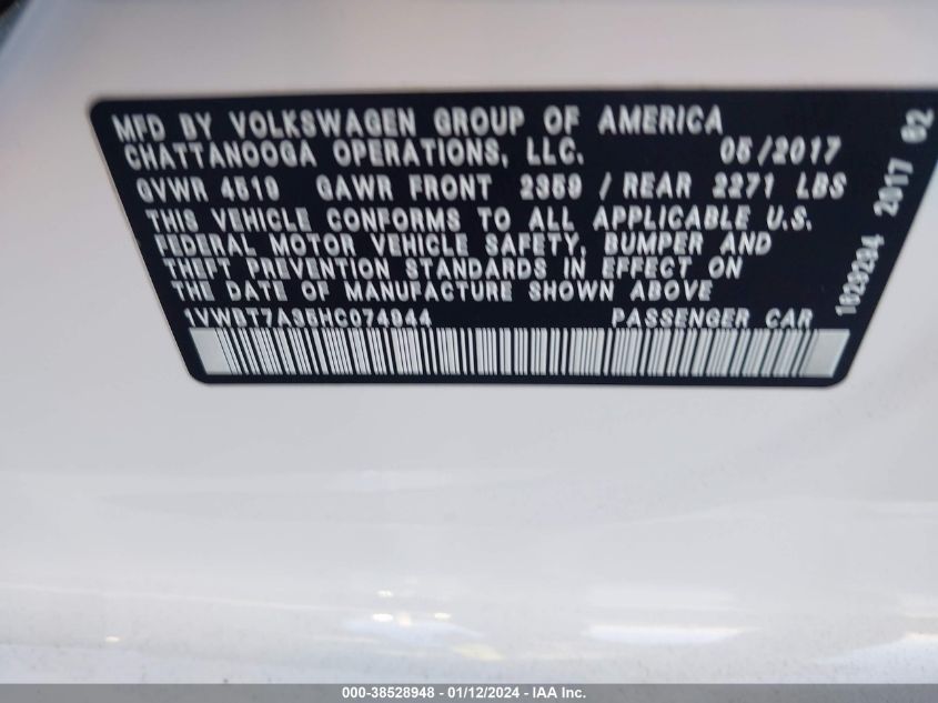 2017 VOLKSWAGEN PASSAT 1.8T SE - 1VWBT7A35HC074944