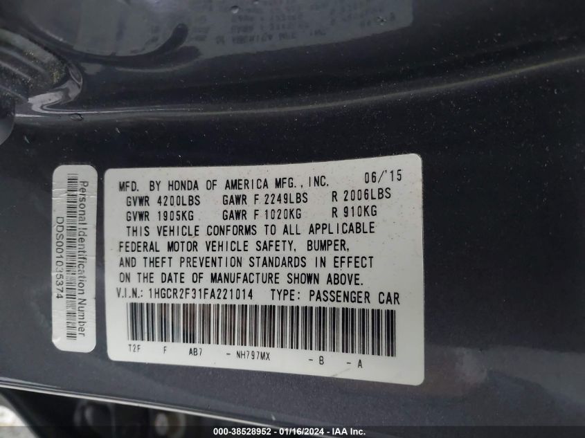2015 HONDA ACCORD LX - 1HGCR2F31FA221014