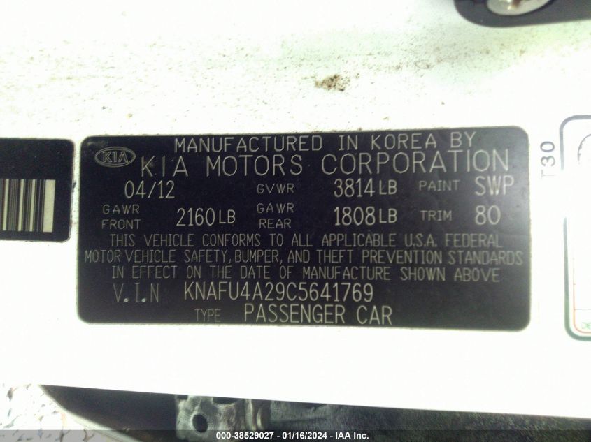 KNAFU4A29C5641769 | 2012 KIA FORTE