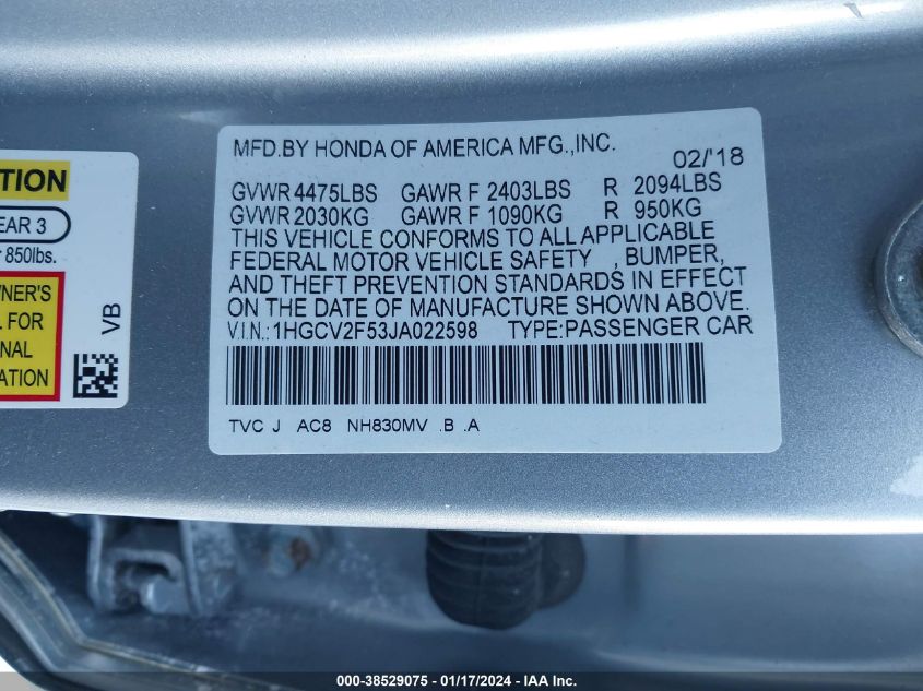 2018 HONDA ACCORD EXL - IHGCV2153JA022598