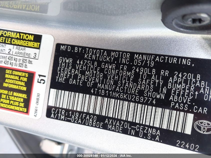2019 TOYOTA CAMRY LE - 4T1B11HK6KU269774