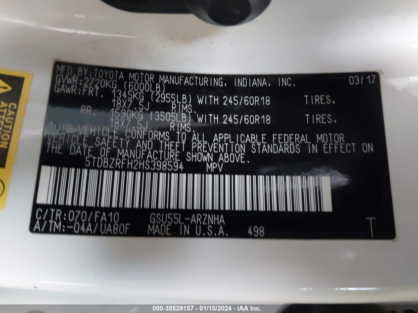 VIN 5TDBZRFH2HS398594 2017 TOYOTA HIGHLANDER LE/LE PLUS